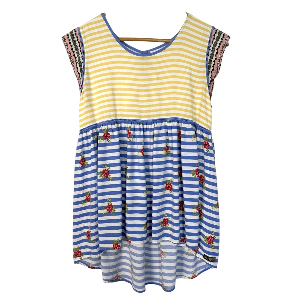 Matilda Jane Womens Mixed Print Striped Floral Tunic Top Yellow Blue Medium M